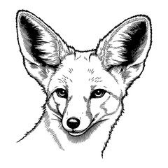 Fennec Fox Front View with Big Ears Detailed Black and White Outline Line Art Drawing
