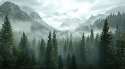 Naklejka premium Misty mountain forest with tall green trees creating an enchanting landscape in the early morning light
