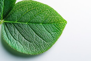 Obraz premium A close-up of a vibrant green clover leaf resting on a smooth white background, symbolizing good luck and prosperity, with intricate veins and a soft glow highlighting its delicate texture