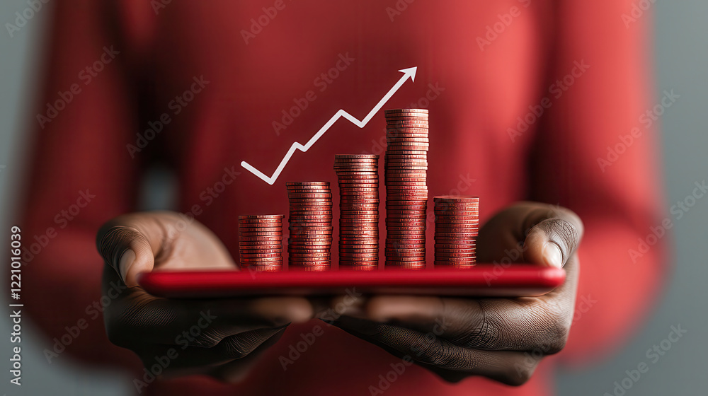 Aufkleber person holding red tablet displaying graph with increasing coins, symbolizing financial growth and i