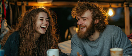 Joyful Friends Laughing Together During Cozy Evening Indoors with Warm Atmosphere