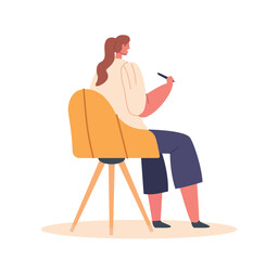 Woman Sitting On Chair Holding Stylus, Focused On Device In Front. Rear View Of Female Character Using Technology