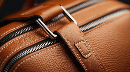 close up of high quality leather luggage bag showcasing its detailed stitching and zipper design. rich texture and craftsmanship highlight luxury and durability