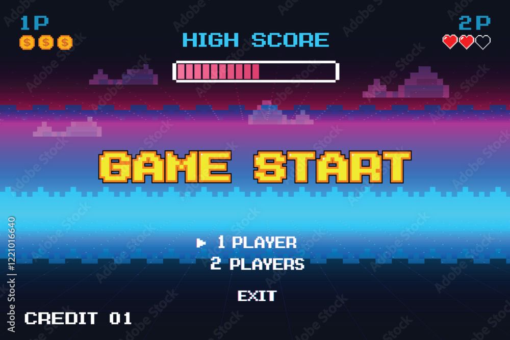 Poster game start. pixel art .8 bit game. retro game. for game assets in vector illustrations. arcade gamin