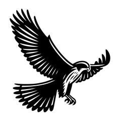 Majestic Falcon in Flight: A powerful black and white illustration of a falcon soaring through the air, wings outstretched, showcasing its grace and predatory prowess. 