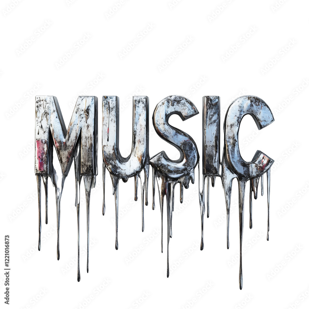 Poster A three dimensional rendering of the word music in metallic letters with a melting effect against a black background.