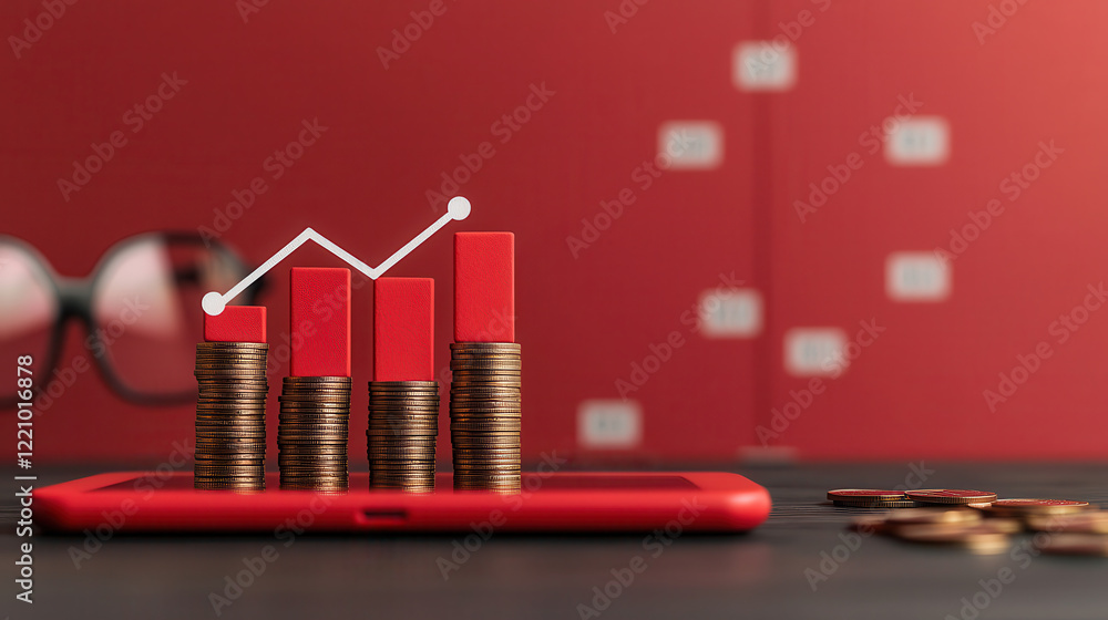 Fototapete close up of red smartphone displaying growing bar graph with coins stacked beside it, symbolizing financial growth and investment