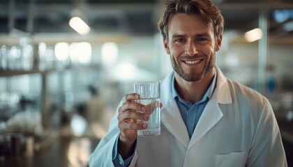 Smiling man in lab coat holds clear glass of water