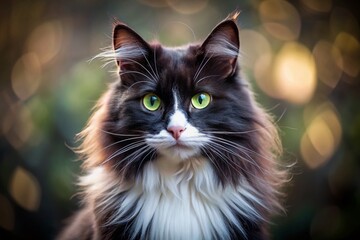 Stunning Black and White Longhair Cat Portrait - Elegant Feline Photography