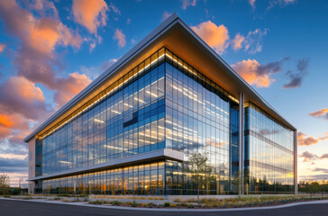 Obraz premium Modern glass building reflects vibrant clouds during sunset in a contemporary urban setting