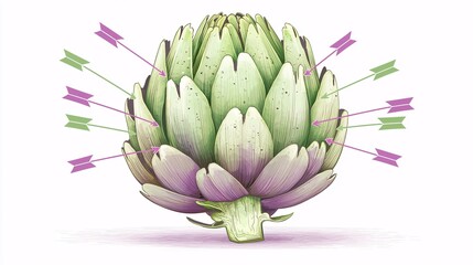 Fototapeta premium colorful illustration of an artichoke with arrows pointing to its various parts, highlighting its unique structure.Educational and informative, suitable for articles or presentations. Artichoke 