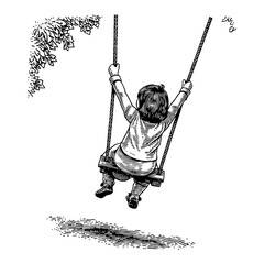 Child Playing on Swing with Back View Black and White Outline Line Art Drawing