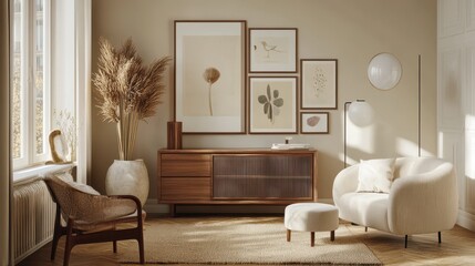 A beige home living room featuring a drawer and art decorations, with mockup frames on the wall providing a customizable display space for personal or artistic elements.