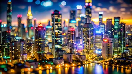 Stunning City Skyline at Night with Bokeh Lights and Glowing Windows