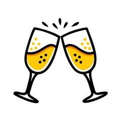 Obraz premium Toasting champagne glasses with yellow bubbly drink in cartoon style