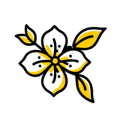 Obraz premium Yellow and white flower with leaves in cartoon outline style