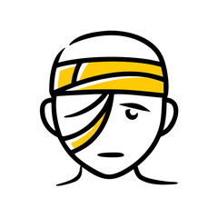 Bandaged head with yellow wrap in cartoon outline style