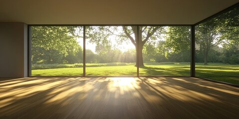 A sunlit interior features large glass windows opening to a lush green landscape, creating a serene connection between indoors and nature.