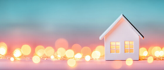 miniature house surrounded by glowing lights creates warm and inviting atmosphere, perfect for evoking feelings of comfort and home