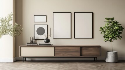A beige home living room featuring a drawer and art decorations, with mockup frames on the wall providing a customizable display space for personal or artistic elements.