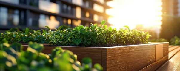 Fototapeta premium A sunlit planter filled with vibrant green plants, showcasing urban gardening in a modern setting.