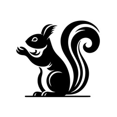 Squirrel Silhouette: Elegant black and white silhouette of a squirrel, stylized with a flowing tail, perfect for logos, emblems, or decorative purposes. 