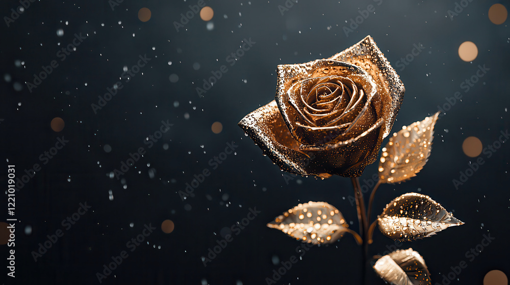 Poster close up shot of golden rose with shimmering petals, adorned with droplets, creating captivating and