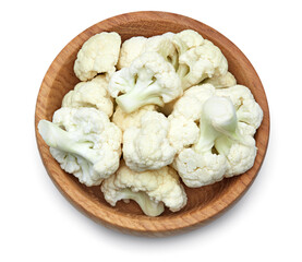 cauliflower in wooden bowl isolated on white background. head of cauliflower. clipping path