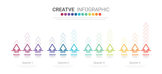Infographic quarterly template for presentation 12 months in 4 quarter can be used for workflow layout, process diagram, flow chart.