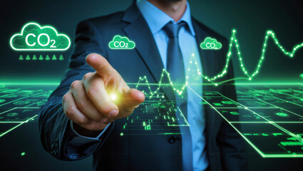 CO2 Emission Reduction and Environmental Sustainability. Person drawing rising chart with digital icon CO2 emissions, the concept of reducing carbon dioxide emission for environmental sustainability