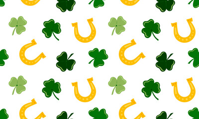 St. Patrick day seamless pattern with Shamrocks and horseshoe. Clovers lucky symbol. Ireland holiday background. Flat Vector illustration. Perfect for fabric, package paper, wallpaper, greeting cards