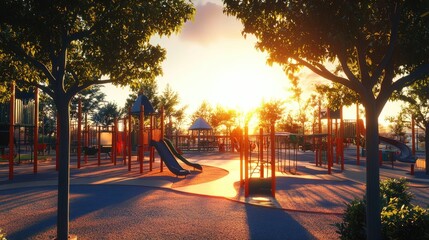 Obraz premium Sunset Playground Scene with Colorful Play Structures and Trees