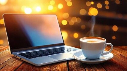 ノートパソコンとコーヒーのイラストイメージ シンプル AI生成素材