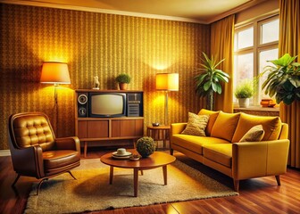 Retro Yellow Living Room with Vintage Television - 1970s Nostalgia Stock Photo