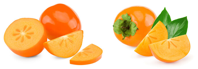 sliced ripe persimmon isolated on white background. clipping path