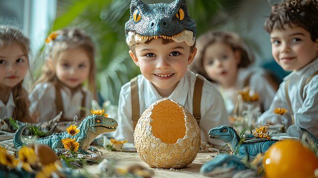 A birthday party featuring a dinosaur theme, with kids dressed as paleontologists and a cake shaped like a dinosaur egg