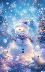 Obraz premium Frosty's Winter Wonderland: A whimsical snowman stands amidst a flurry of snowflakes, accompanied by adorable polar bears, creating a magical winter landscape scene. 