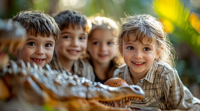 A birthday party featuring a dinosaur theme, with kids dressed as paleontologists and a cake shaped like a dinosaur egg