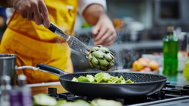 preparing artichokes in a modern kitchen, emphasizing cooking techniques. Artichoke Superfood 