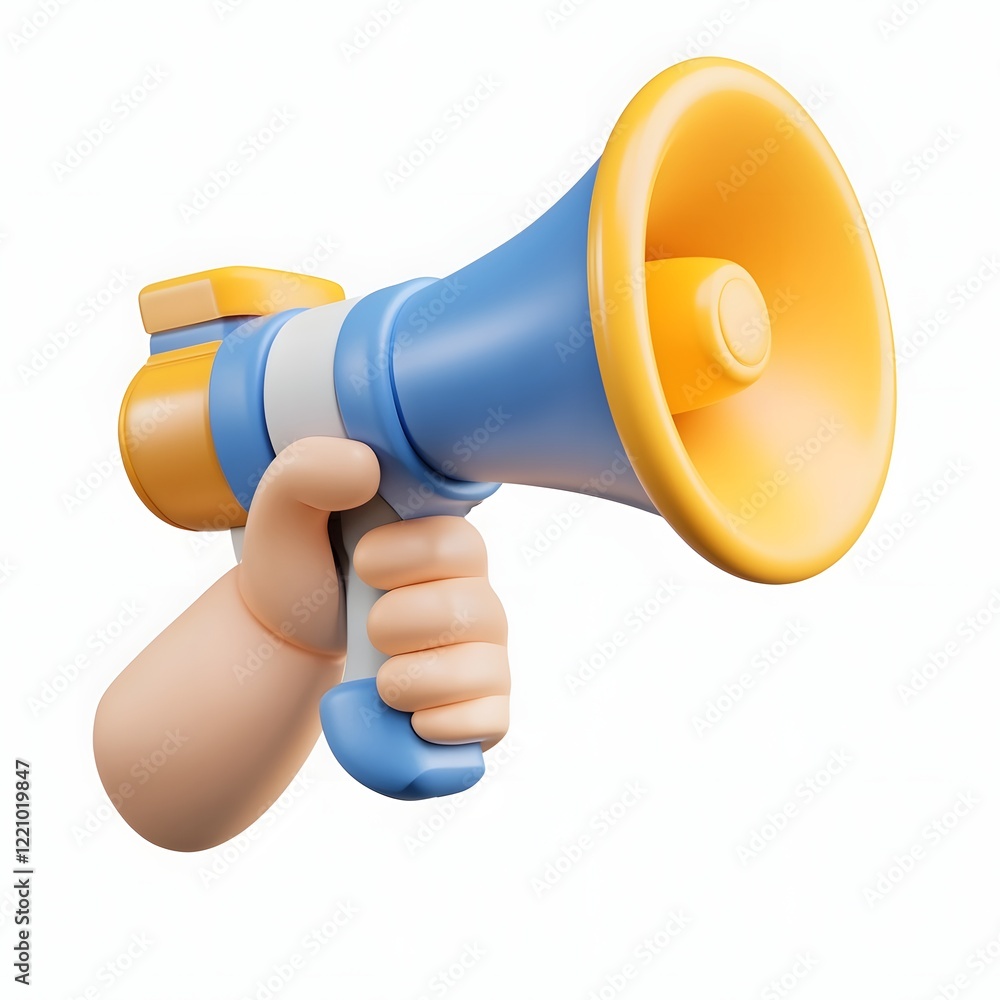 Poster vibrant 3d cartoon of a support hand holding a megaphone emphasizing the concepts of leadership infl