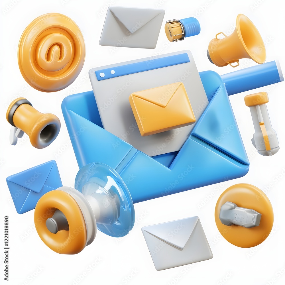 Poster vibrant and playful 3d cartoon depicting the various elements of email marketing and inbox managemen