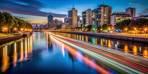 Obraz premium Rio Riachuelo Long Exposure Urban River Scene at Night, Buenos Aires, Argentina