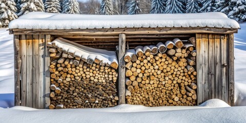 Winter firewood storage structure, snow covered roof, neatly stacked logs, rustic wooden shed