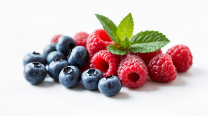 Fresh blueberries and raspberries with mint leaves against a white background