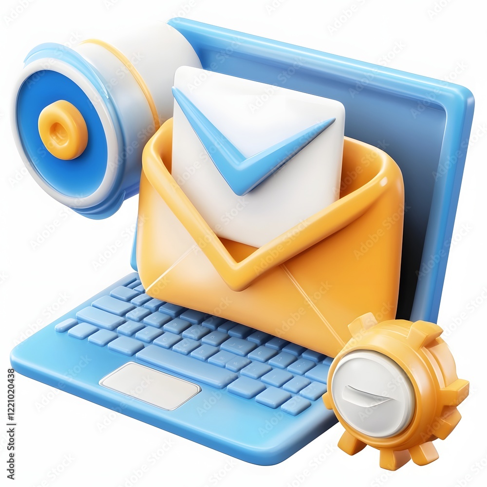 Poster whimsical 3d cartoon email marketing concept featuring a laptop computer email alerts send button an