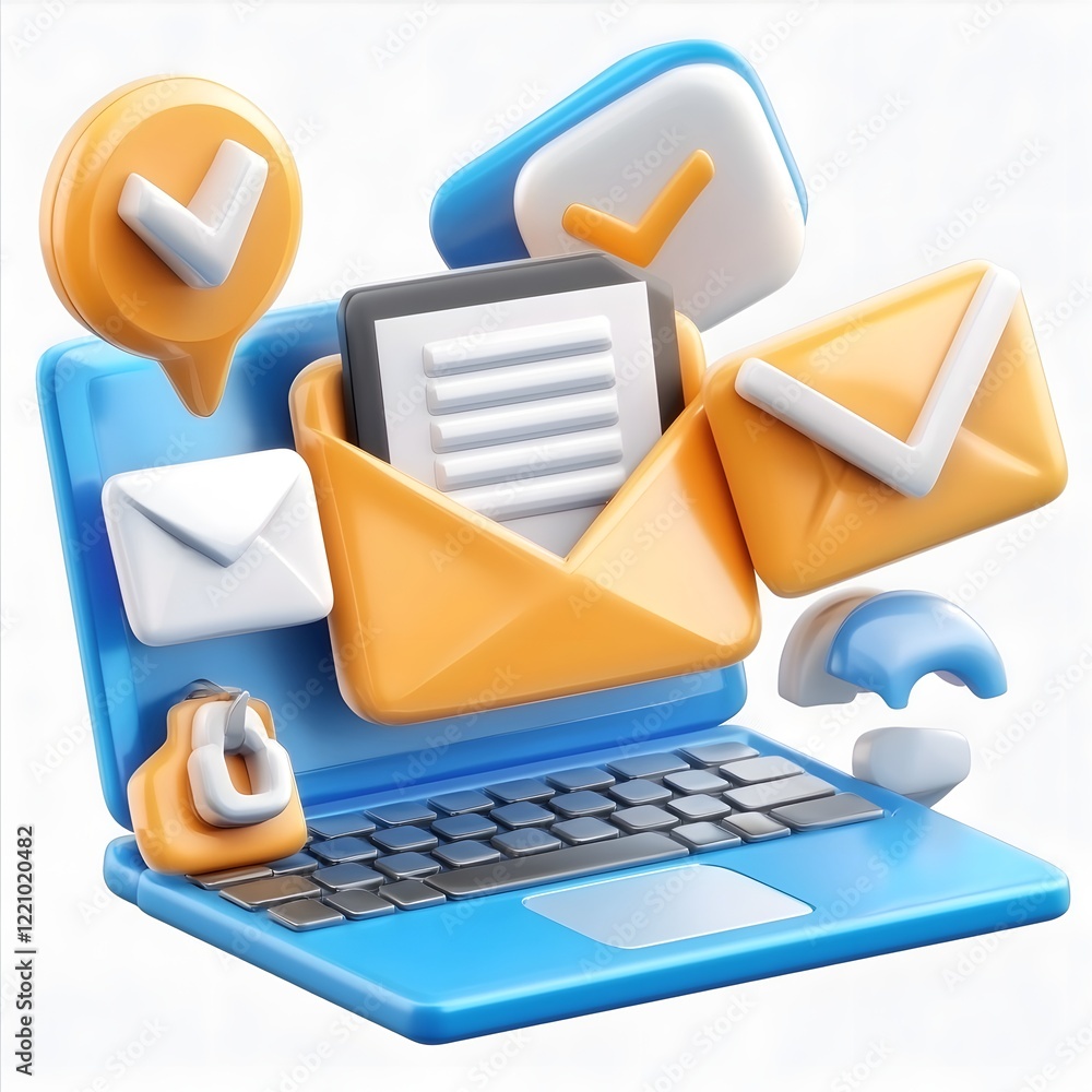 Poster Playful 3D cartoon email marketing concept featuring a laptop computer with various email alerts notifications and a send button  Represents digital communication online outreach