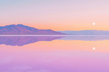 Obraz premium A serene reflection of mountains on a tranquil lake under a pastel sky
