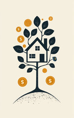 House on a Money Tree: A symbolic illustration depicting a white house nestled in a vibrant money tree, showcasing a powerful visual metaphor for wealth creation and financial prosperity.