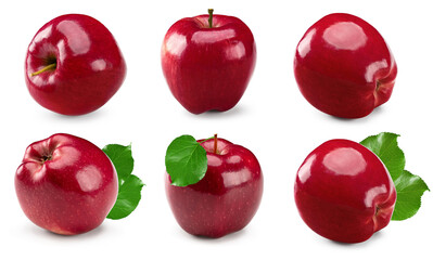 red apples with green leaves isolated on white background. clipping path