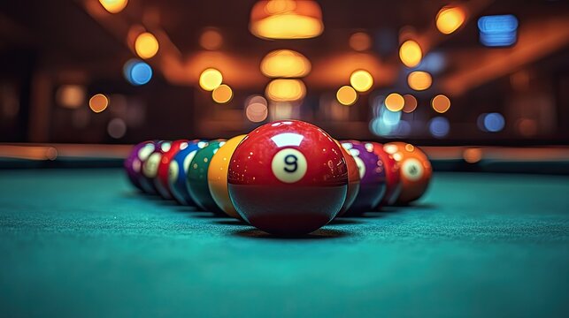 A close-up image of a green felt billiards table featuring a white cue ball in motion towards a tightly grouped triangle of colored pool balls,